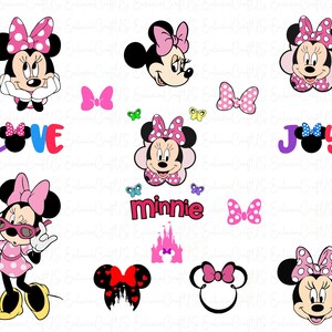 May include: A set of Minnie Mouse themed digital clipart images. The images include Minnie Mouse with different expressions, bows, and a castle. The text "LOVE", "JOY", and "Minnie" are also included.