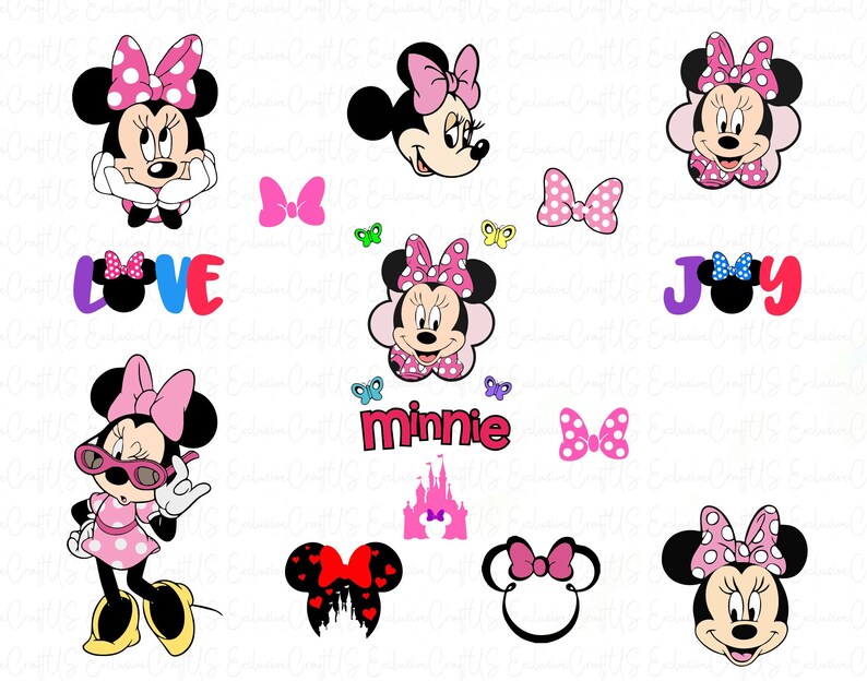 May include: A set of Minnie Mouse themed digital clipart images. The images include Minnie Mouse with different expressions, bows, and a castle. The text "LOVE", "JOY", and "Minnie" are also included.