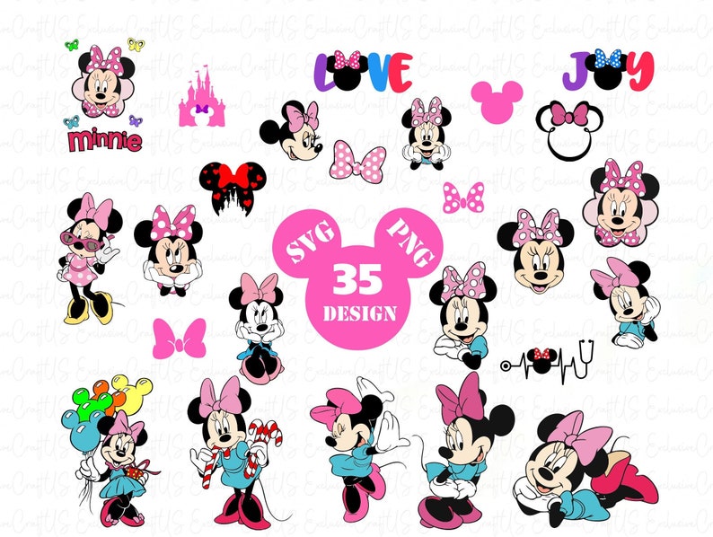 May include: A set of 35 digital designs featuring Minnie Mouse in various poses and outfits. The designs include Minnie Mouse with balloons, Minnie Mouse with a candy cane, Minnie Mouse with a stethoscope, and Minnie Mouse with a bow. The designs are perfect for creating crafts, scrapbooking, and other creative projects.