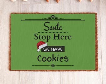 Felpudo de bienvenida "Papá Noel, aquí tenemos galletas" para exteriores en verde navideño brillante