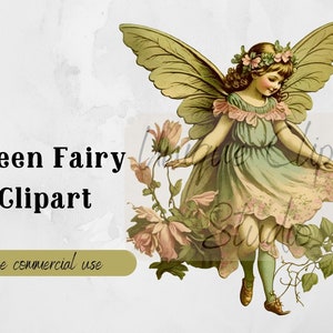 Vintage Green Fairy Clipart | PNG file Instant Download with Free Commercial Use - Perfect for Scrapbooking and much more