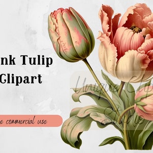 Vintage Pink Tulip Clipart: Floral PNG (Commercial Use)