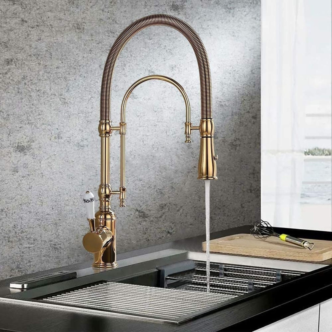 Kitchen Gold Faucet , Brass Pull Down 2 Ways Spring Spray Faucet ...
