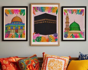 3 sets of Masjid al-Haram Masjid Nabawi & Masjid Al-Aqsa The Holy Kaaba Illustration Print Islamic Historical Sites