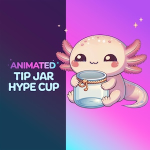 Peut inclure: Gobelet d'animation pour pourboire avec un axolotl rose tenant un bocal en verre transparent avec une poignée en corde brune. L'axolotl a de grands yeux noirs et un corps rose et blanc avec une texture scintillante. L'arrière-plan est un dégradé de rose, violet et bleu.