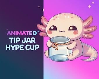Puede incluir: Taza de hype de tarro de propinas animada con un ajolote rosa sosteniendo un tarro de vidrio transparente con un asa de cuerda marrón. El ajolote tiene ojos grandes y negros y un cuerpo rosa y blanco con una textura brillante. El fondo es un degradado de rosa, morado y azul.