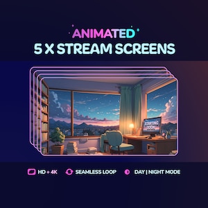 5 x stream screens / animated background / starting soon screen for twitch youtube / vtuber background / cozy lo fi aesthetic room /