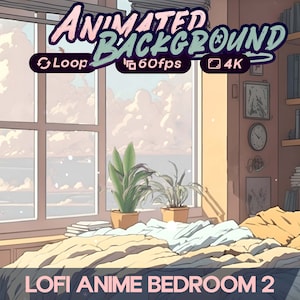 virtual background / twitch overlay / vtuber background assets/ cozy lo fi anime bedroom / animated background / stream starting soon screen