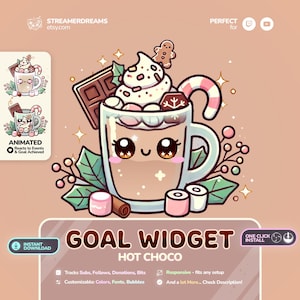 May include: Animated hot chocolate goal widget with a cute cartoon mug with a smiling face, marshmallows, whipped cream, a candy cane, and a gingerbread man. The widget tracks subs, follows, donations, and bits. It is customizable with colors, fonts, and bubbles.