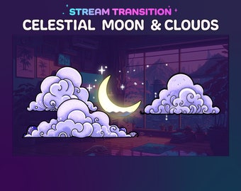 May include: A purple and blue animated transition featuring a crescent moon and fluffy clouds against a dark purple background. The text "STREAM TRANSITION" and "CELESTIAL MOON & CLOUDS" is displayed above the animation.