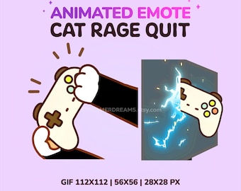 May include: Animated emote graphic with the text "ANIMATED EMOTE CAT RAGE QUIT." The image shows a cartoon cat paw holding a game controller, with a second controller breaking through a wall with lightning.