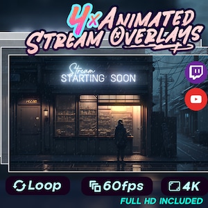 4 x stream screens / stream overlay /starting soon screen / twitch vtuber background /Neon storefront rainy/ animated background  / premium