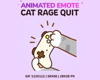 May include: Animated emote featuring a cartoon cat's paw smashing a video game controller. The text "ANIMATED EMOTE CAT RAGE QUIT" is displayed in purple and black. The image is set against a light purple background.