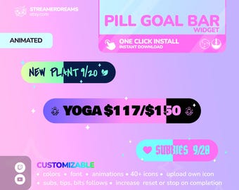 Goal Widget Split Pill | Twitch YouTube Streaming Overlay | Animated Customizable Goal Bar Tally Colors | StreamElements OBS vtuber assets