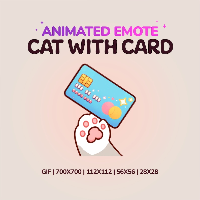 Puede incluir: GIF animado de una pata de gato blanca sosteniendo una tarjeta de cr&eacute;dito azul con detalles rosas y amarillos. El texto "GIF | 700X700 | 112X112 | 56X56 | 28X28" est&aacute; en la parte inferior de la imagen.