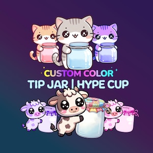 Puede incluir: Animales de dibujos animados lindos sosteniendo jarras y tazas con el texto "CUSTOM COLOR TIP JAR | HYPE CUP".