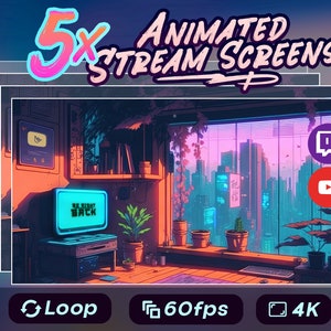 5 x stream screens / starting soon screen / twitch overlay / vtuber background / cozy lo fi aesthetic room / animated background  / premium