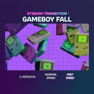 May include: A digital graphic with a purple grid background and multiple Game Boy consoles in various colours, including green, purple, and teal, floating in a dynamic arrangement. Text at the top reads "Stream Transition + Gameboy Fall".