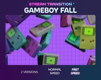 May include: A digital graphic featuring a purple grid background with multiple Game Boy consoles in various colors, including green, purple, and teal, floating in a dynamic arrangement. Text at the top reads "Stream Transition + Gameboy Fall".