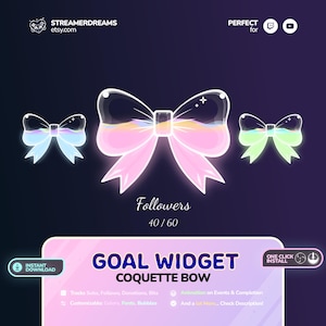 May include: Digital graphic with three glowing bows in pastel shades of blue, pink, and green. The text "Followers 40/60" is below the bows. The image also includes the text "GOAL WIDGET COQUETTE BOW" and "INSTANT DOWNLOAD".