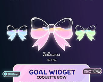 May include: Digital graphic featuring three glowing bow designs in pastel colors: blue, pink, and green. The text "Followers 40/60" is displayed below the bows. The image also includes the text "GOAL WIDGET COQUETTE BOW" and "INSTANT DOWNLOAD".