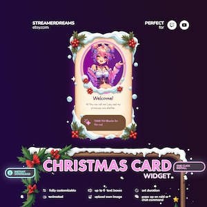 Widget biglietto di Natale per streaming Twitch YouTube / Widget pop-up biglietto di benvenuto per nuovi spettatori / Evento Raid / comando chat / Streamelements