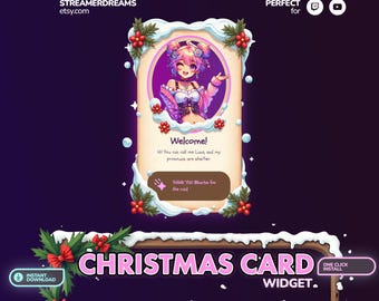 May include: A Christmas card widget with a cartoon character in a pink and white outfit. The widget is customizable and can be used for Twitch or YouTube streams. The text on the widget says "Welcome! Hi! You can call me Luna, and my pronouns are she/her. THANK YOU @borbe for the raid."