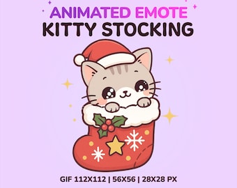 May include: An animated graphic of a gray cat wearing a Santa hat, peeking out of a red Christmas stocking. The stocking has white trim, a gold star, and snowflake designs. Text reads "ANIMATED EMOTE KITTY STOCKING".