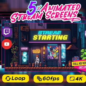 5 x stream screens / starting soon screen / brb / twitch overlay / vtuber background / premium animated overlay asset/ pixel anime street /