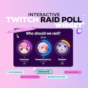 Puede incluir: Un gráfico digital que promociona un widget de encuesta de incursión de Twitch. La imagen presenta una interfaz púrpura y rosa con avatares animados y el texto "Who should we raid?" El texto adicional incluye "Chat Commands", "Animated" y "1 Click Install".