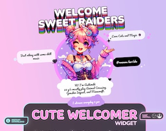 May include: A pink and purple animated welcome widget with a cartoon character, text that says "Welcome Sweet Raiders", and the words "Cute Welcomer Widget".