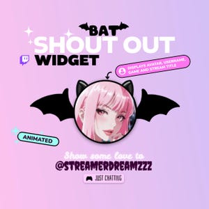 以下が含まれることがあります： Twitchストリームオーバーレイ用のデジタルグラフィック。ピンクの髪の毛、コウモリの羽と耳を持つアニメスタイルのキャラクターが特徴です。「BAT SHOUT OUT WIDGET」、「ANIMATED」、「DISPLAYS AVATAR, USERNAME, GAME AND STREAM TITLE」のテキストが含まれています。グラフィックには「Show some love to @STREAMERDREAMZZZ」のテキストも含まれています。