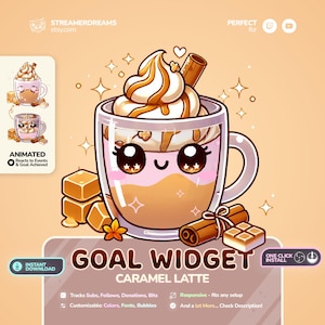 Puede incluir: Widget de objetivo animado para Twitch y YouTube. El widget es una ilustración de dibujos animados de un café con leche de caramelo con crema batida y un palo de canela. El texto "GOAL WIDGET CARAMEL LATTE" está en la parte inferior de la imagen.
