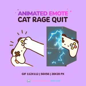 Könnte beinhalten: Animierter Emote mit einer weißen Katzenpfote, die einen Videospiel-Controller hält. Der Controller zerbricht mit blauen Blitzeffekten. Der Text lautet "ANIMATED EMOTE CAT RAGE QUIT". Das Bild befindet sich auf einem lila Hintergrund.