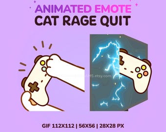 May include: Animated emote featuring a white cat paw holding a video game controller. The controller is breaking apart with blue lightning effects. Text reads "ANIMATED EMOTE CAT RAGE QUIT". The image is on a purple background.