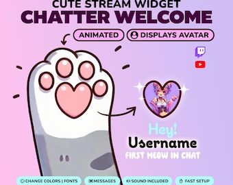 May include: A digital graphic with the text "CUTE STREAM WIDGET CHATTER WELCOME" and a cat paw illustration. The graphic includes the text "Hey! Username FIRST MEOW IN CHAT" and icons for customization options.