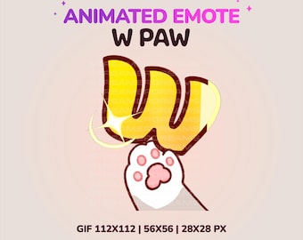 May include: Animated emote with the text "W PAW" in yellow with a white outline. The image features a cat paw with pink paw pads. The text "ANIMATED EMOTE" is in purple. The image is for Streamer Dreams.