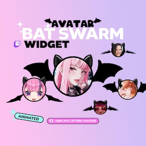 Op de afbeelding: Een digitale afbeelding met de tekst "AVATAR BAT SWARM WIDGET" en het Twitch-logo. Het ontwerp bevat geanimeerde vleermuisvormige avatars met verschillende anime-stijl karakterportretten. De achtergrond is een verloop van roze en paars.