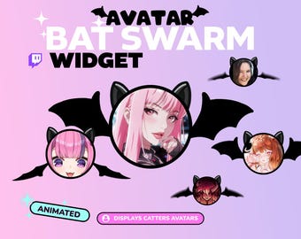 May include: A digital graphic with the text "AVATAR BAT SWARM WIDGET" and the Twitch logo. The design features animated bat-shaped avatars with various anime-style character portraits. The background is a gradient of pink and purple.