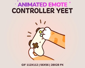 May include: Animated emote graphic featuring a cartoon hand holding a white controller. The controller has a brown cross-shaped directional pad and buttons. The text "ANIMATED EMOTE CONTROLLER YEET" is displayed in purple and black.