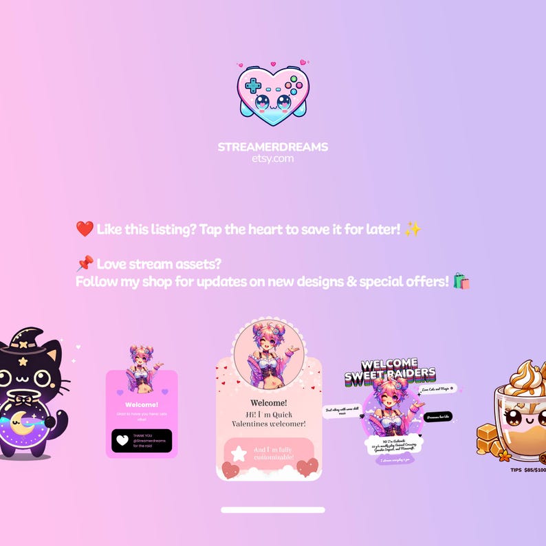 Puede incluir: Gr&aacute;fico de arte digital con un fondo degradado rosa pastel y p&uacute;rpura. La imagen presenta un logotipo de controlador en forma de coraz&oacute;n, varios gr&aacute;ficos de bienvenida y un gato de dibujos animados. El texto incluye "STREAMERDREAMS etsy.com".