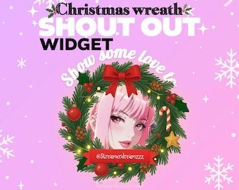 May include: A pink background with a Christmas wreath design. The wreath features a portrait of a woman, red bow, red ornaments, and a candy cane. Text includes "Christmas wreath", "SHOUT OUT", and "WIDGET".