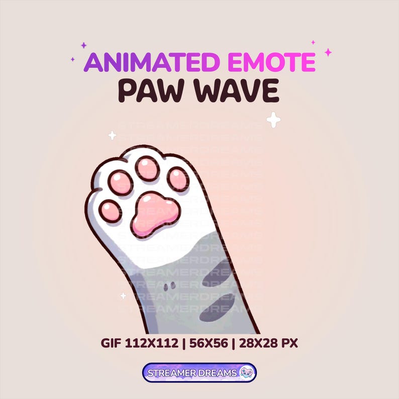 Pu&ograve; includere: Emote animato di zampa che saluta con un'impronta di zampa rosa su una zampa bianca e grigia. L'emote &egrave; disponibile in tre dimensioni: 112x112 pixel, 56x56 pixel e 28x28 pixel. Il testo "STREAMER DREAMS" &egrave; nella parte inferiore dell'immagine.