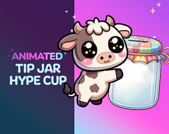 May include: Animated illustration of a cute cartoon cow holding a glass jar with a colorful patchwork lid. The text "ANIMATED TIP JAR HYPE CUP" is in the background.