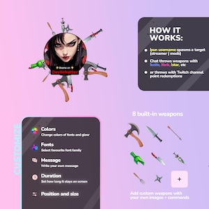Feature summary image for the Chat Punisher interactive Twitch widget listing chat-command triggers, avatar & username sync, custom messages, and full color customization. Works with OBS browser source and StreamElements; supports Halloween overlays, VTuber assets, and Twitch chat integration for viewers to punish targets. Digital download, easy one-click install for stream decoration.