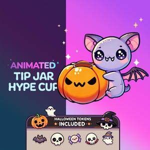 May include: Animated tip jar hype cup with a cute purple bat holding a jack-o-lantern. The cup has a Halloween theme with a banner that says "HALLOWEEN TOKENS INCLUDED".