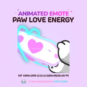 Op de afbeelding: Geanimeerde emote met de tekst "PAW LOVE ENERGY" in paars en wit. De afbeelding toont een witte poot met een roze hart en een blauw energie-effect op een lichtpaarse achtergrond. De afbeelding is een GIF met afmetingen van 1000x1000 pixels.