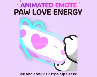 May include: Animated emote with the text "PAW LOVE ENERGY" in purple and white. The image features a white paw with a pink heart and a blue energy effect on a light purple background. The image is a GIF with dimensions of 1000x1000 pixels.