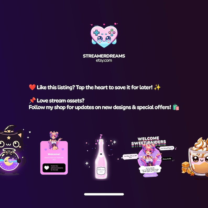 May include: A collection of digital illustrations for Twitch streamers. The illustrations include a witch holding a potion, a champagne bottle, a welcome sign with a girl in a pink dress, and a coffee cup with a cute face.