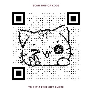 Puede incluir: C&oacute;digo QR en blanco y negro con una cara de gato de dibujos animados en el centro. El texto "SCAN THIS QR CODE" est&aacute; encima de la imagen y "TO GET A FREE GIFT EMOTE" est&aacute; debajo de la imagen.